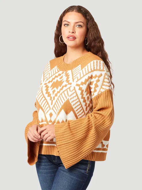 112322126 - Wrangler® Women's Southwestern Bell Sleeve Sweater - Mustard