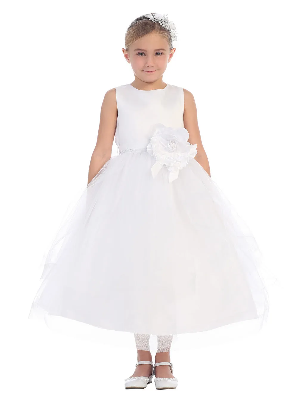 5661 Size 2 White Girls Tea Length Flower Girl Dress Satin Bodice Layer Ruffle Tulle Skirt