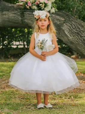 5661 Size 2 White Girls Tea Length Flower Girl Dress Satin Bodice Layer Ruffle Tulle Skirt