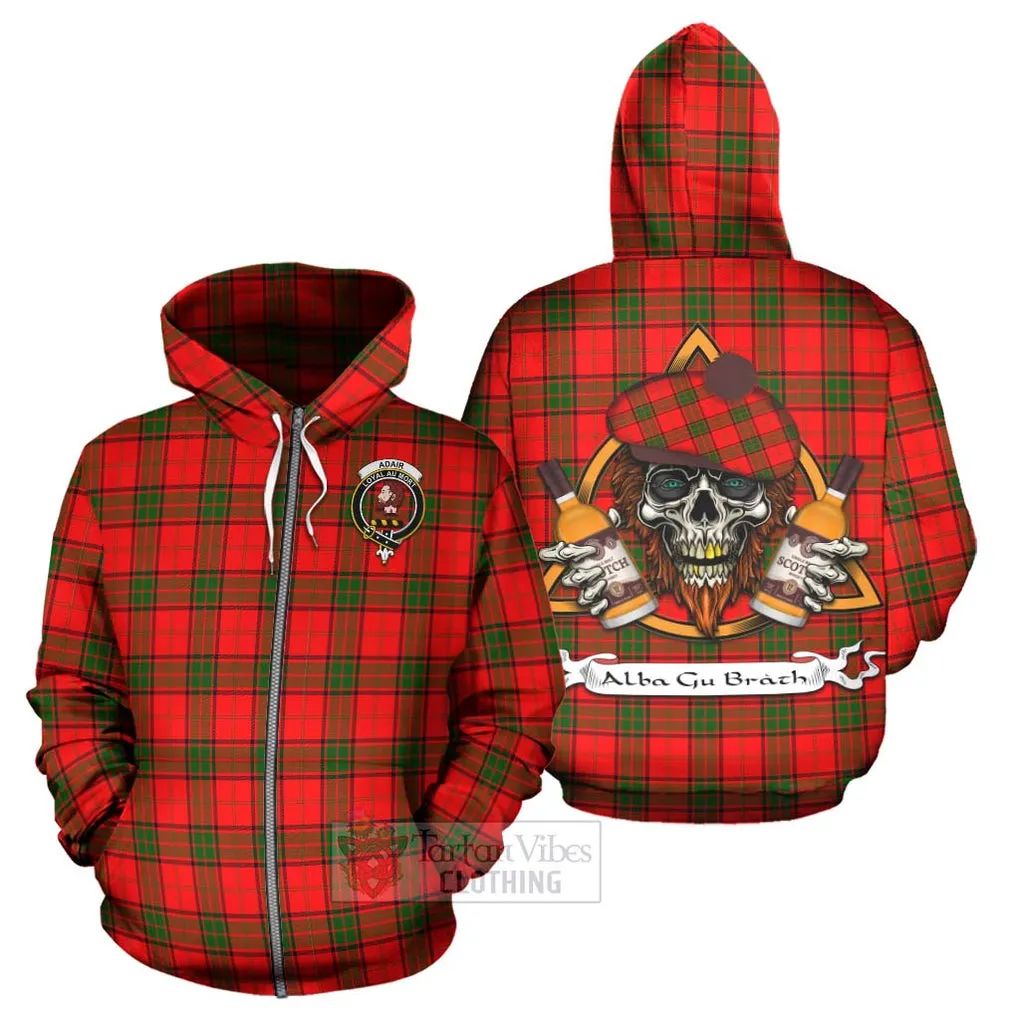 Adair Tartan Hoodie with Family Crest and Bearded Skull Holding Bottles of Whiskey