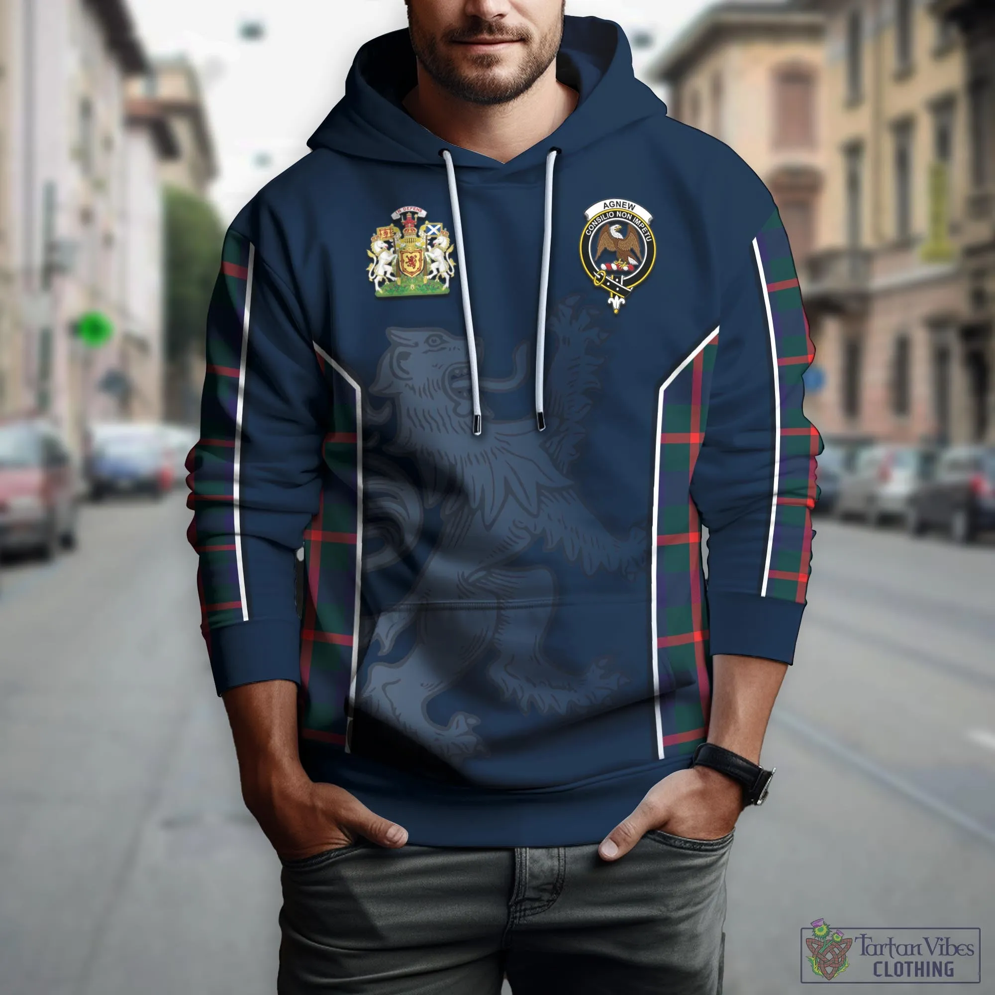 Agnew Tartan Hoodie with Family Crest and Lion Rampant Vibes Sport Style