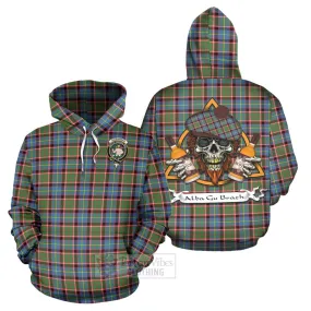 Aikenhead Tartan Hoodie with Family Crest and Bearded Skull Holding Bottles of Whiskey