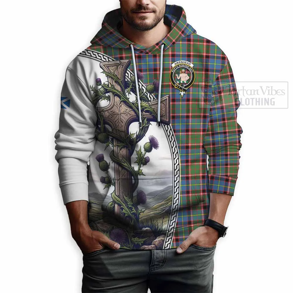 Aikenhead Tartan Hoodie with Family Crest and St. Andrew's Cross Accented by Thistle Vines