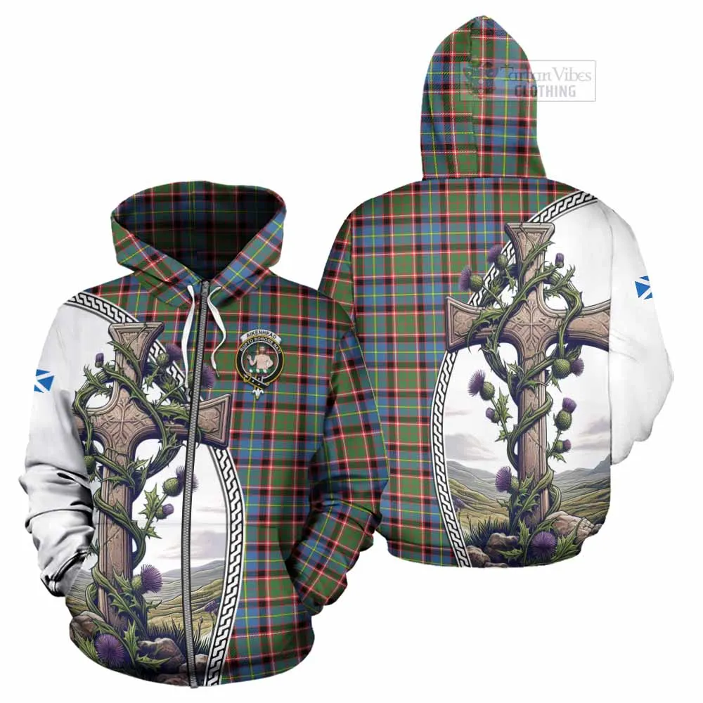 Aikenhead Tartan Hoodie with Family Crest and St. Andrew's Cross Accented by Thistle Vines