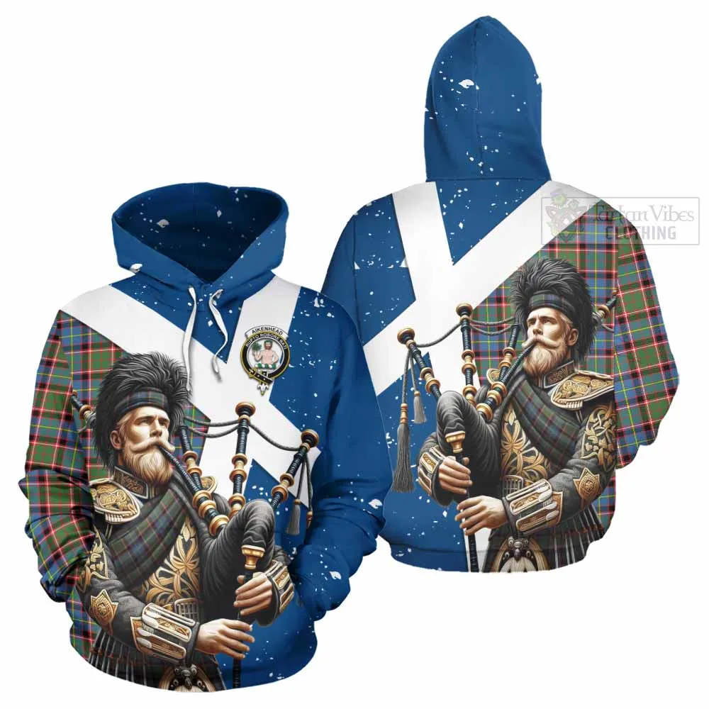 Aikenhead Tartan Hoodie with Family Crest Scottish Bagpiper Vibes