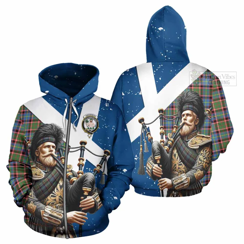 Aikenhead Tartan Hoodie with Family Crest Scottish Bagpiper Vibes