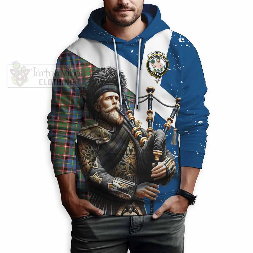 Aikenhead Tartan Hoodie with Family Crest Scottish Bagpiper Vibes