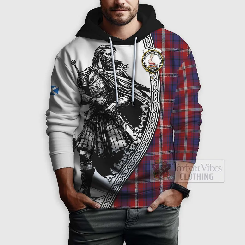 Ainslie Tartan Clan Crest Hoodie with Highlander Warrior Celtic Style