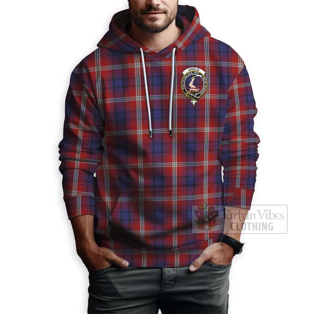 Ainslie Tartan Hoodie with Family Crest and Bearded Skull Holding Bottles of Whiskey