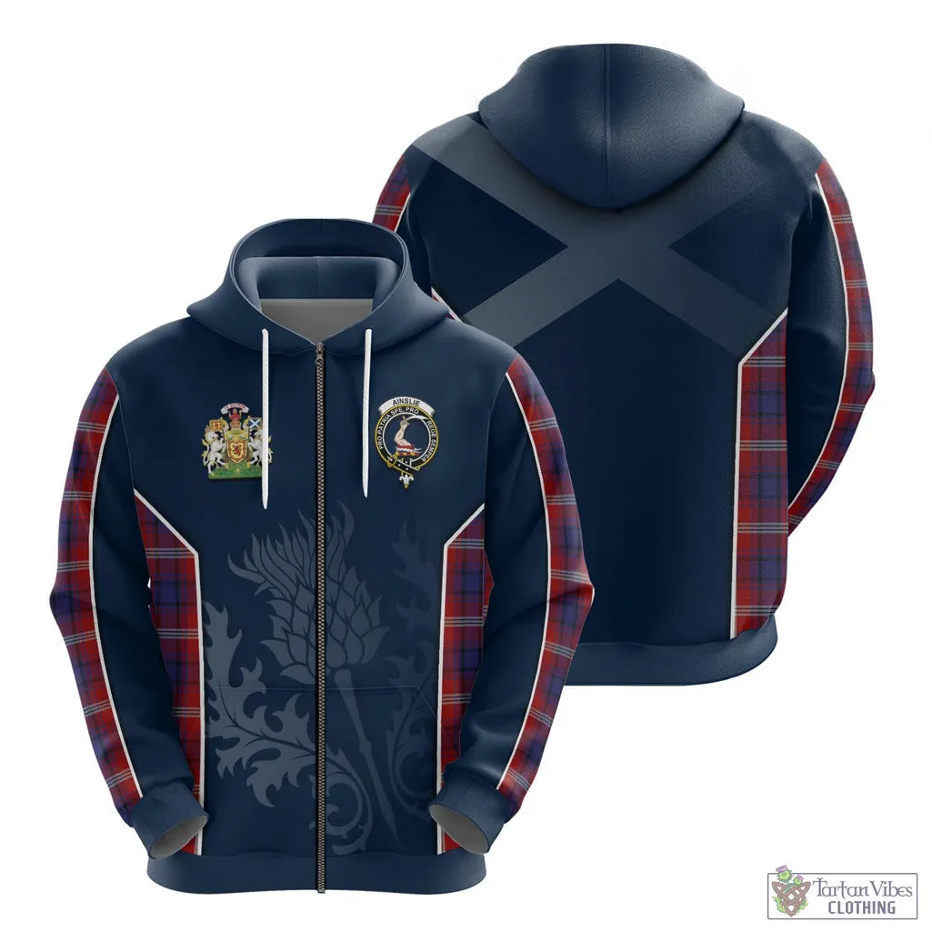 Ainslie Tartan Hoodie with Family Crest and Scottish Thistle Vibes Sport Style