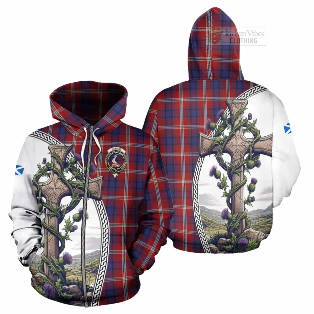 Ainslie Tartan Hoodie with Family Crest and St. Andrew's Cross Accented by Thistle Vines