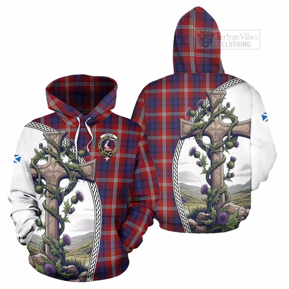 Ainslie Tartan Hoodie with Family Crest and St. Andrew's Cross Accented by Thistle Vines