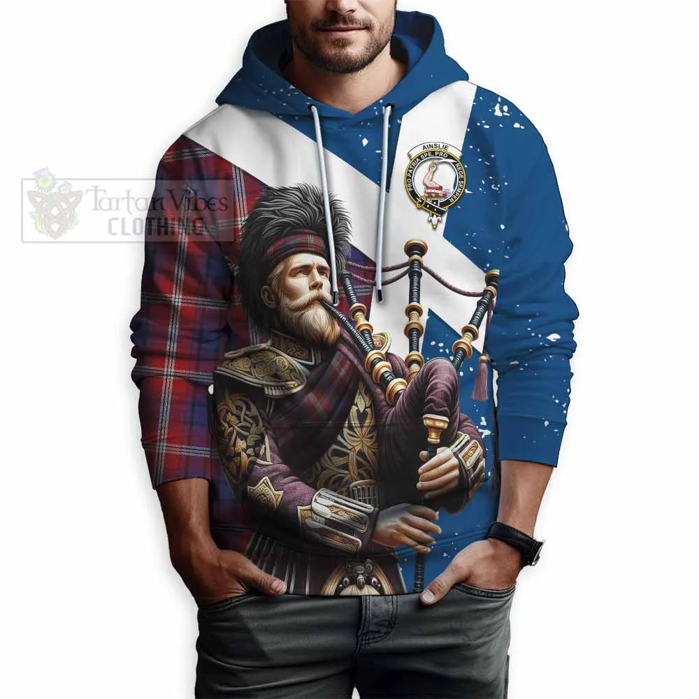 Ainslie Tartan Hoodie with Family Crest Scottish Bagpiper Vibes