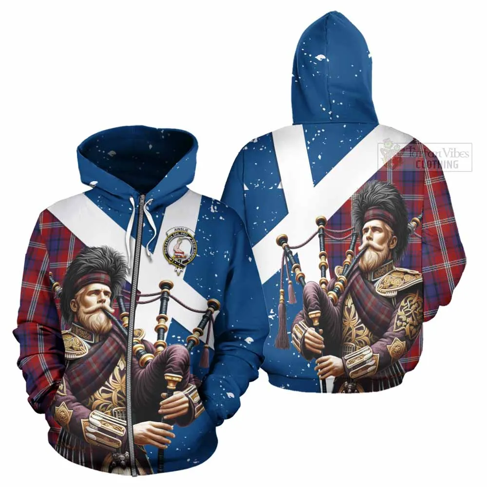 Ainslie Tartan Hoodie with Family Crest Scottish Bagpiper Vibes