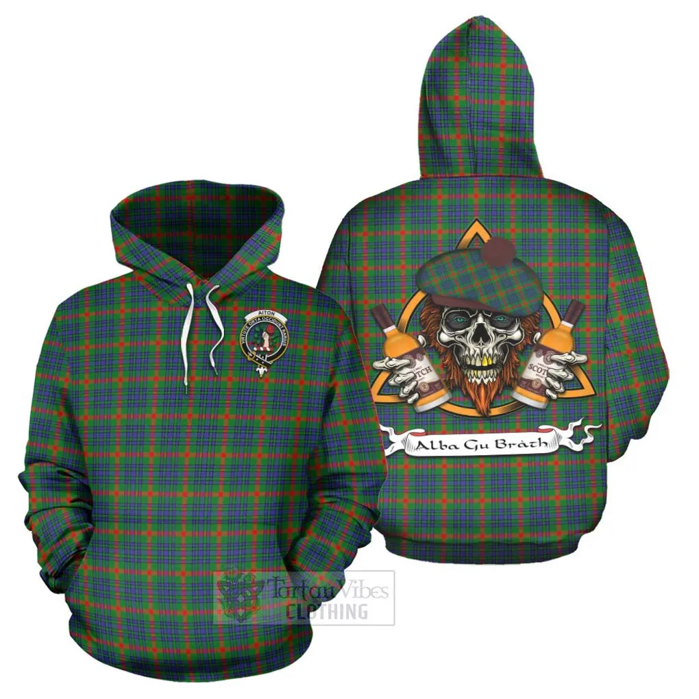 Aiton Tartan Hoodie with Family Crest and Bearded Skull Holding Bottles of Whiskey