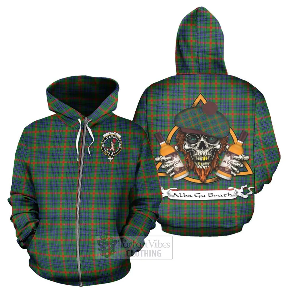 Aiton Tartan Hoodie with Family Crest and Bearded Skull Holding Bottles of Whiskey