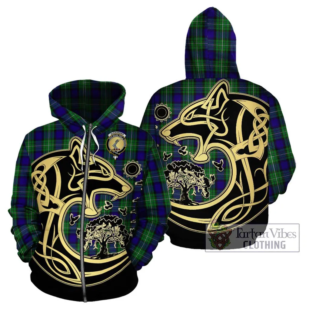 Alexander Tartan Hoodie with Family Crest Celtic Wolf Style