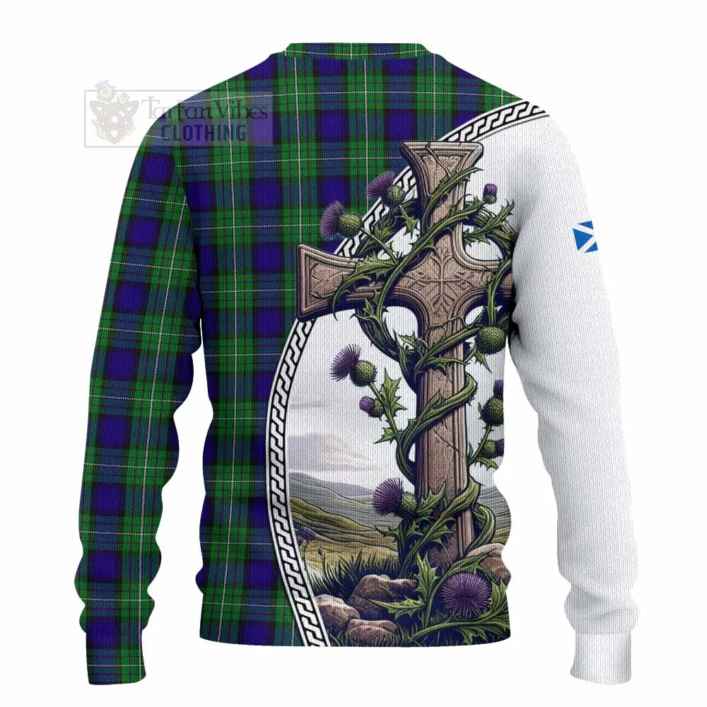 Alexander Tartan Knitted Sweater with Family Crest and St. Andrew's Cross Accented by Thistle Vines