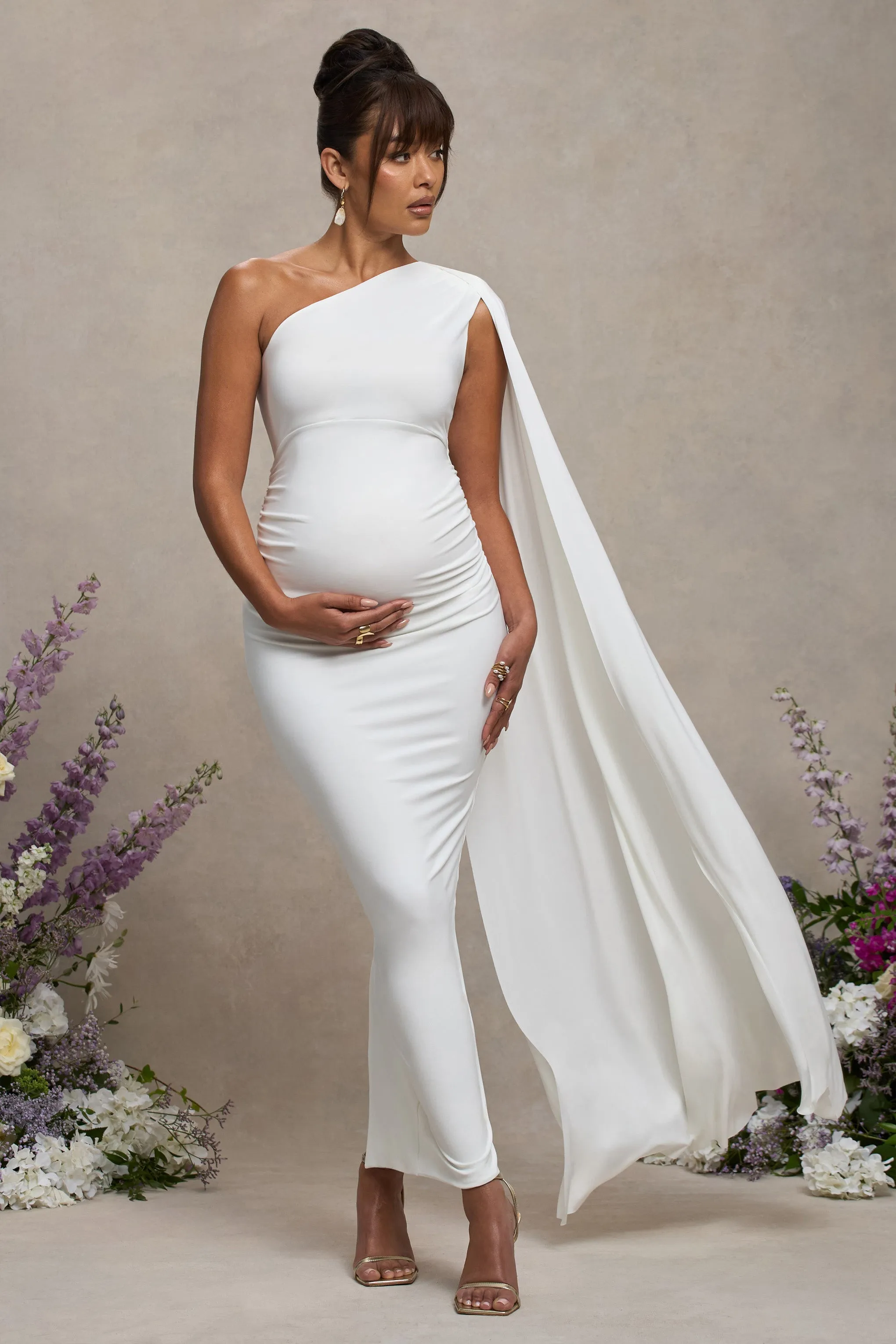 Amaryllis | White Maternity One Shoulder Maxi Dress with Cape Sleeve