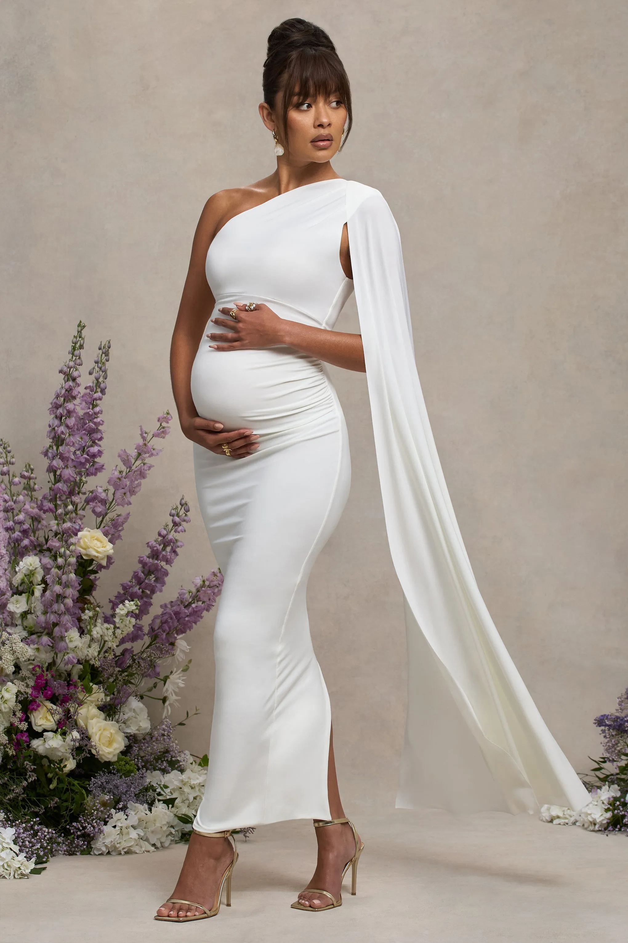 Amaryllis | White Maternity One Shoulder Maxi Dress with Cape Sleeve