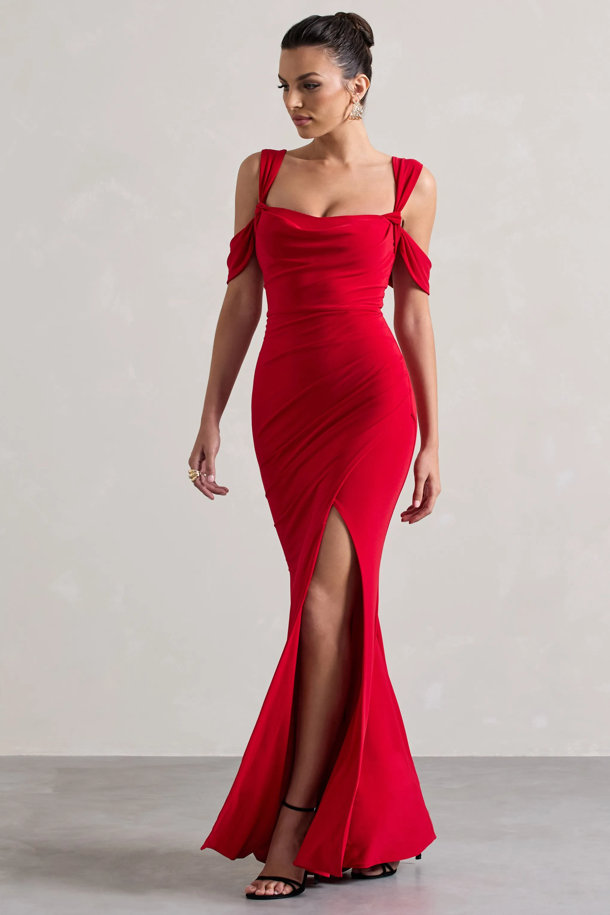 Amoura | Red Square-Neck Draped Wrap Maxi Dress