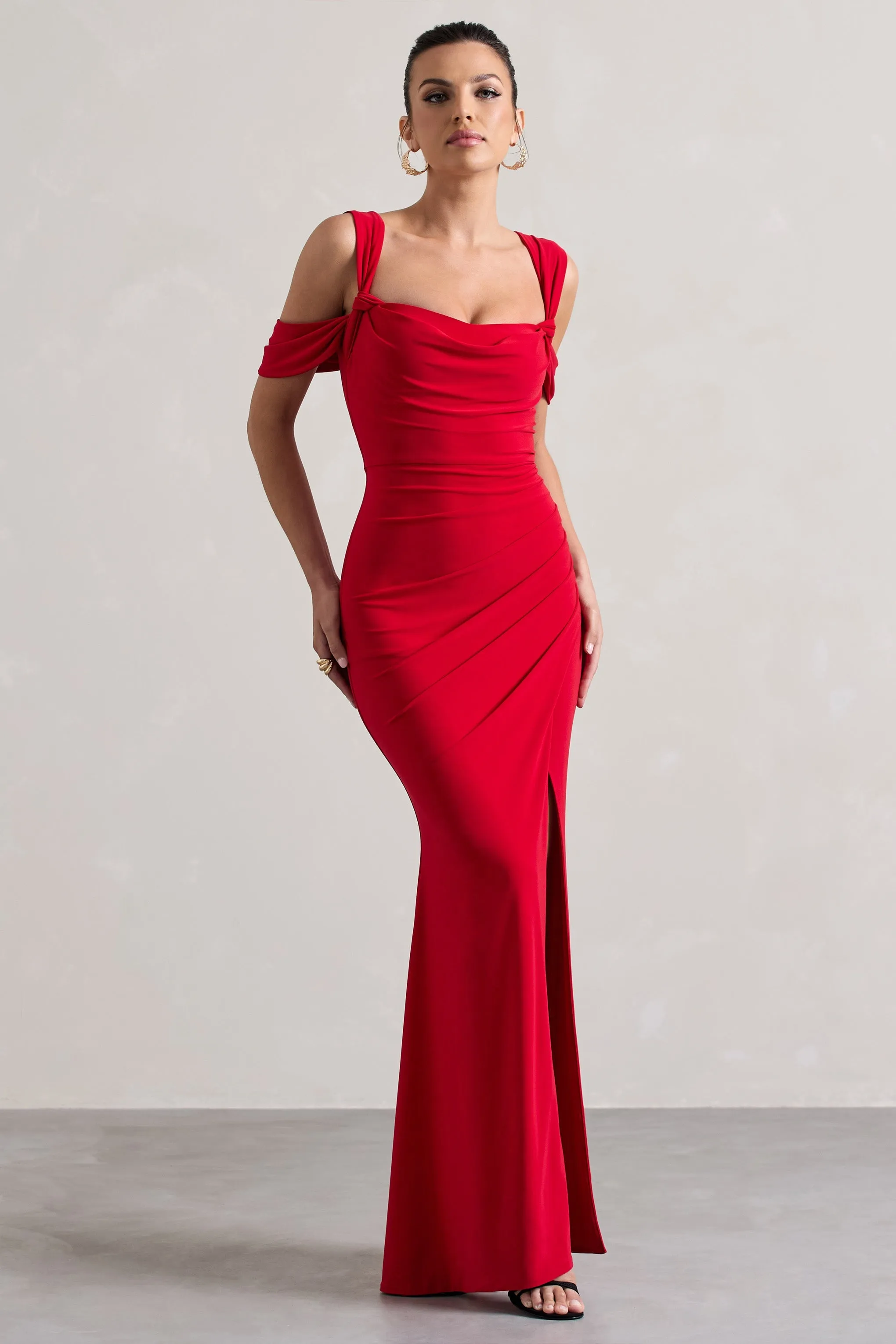 Amoura | Red Square-Neck Draped Wrap Maxi Dress