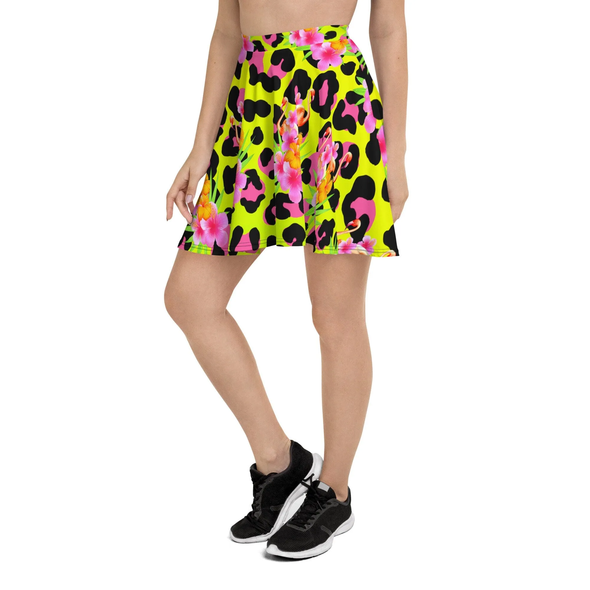 ANIMAL PRINT TROPICAL FLAMINGOS SKATER SKIRT