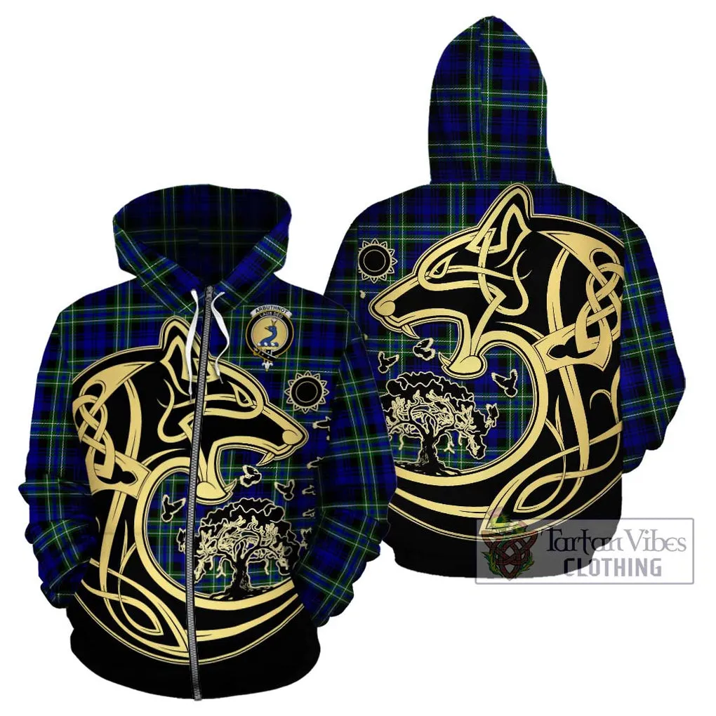 Arbuthnot Modern Tartan Hoodie with Family Crest Celtic Wolf Style