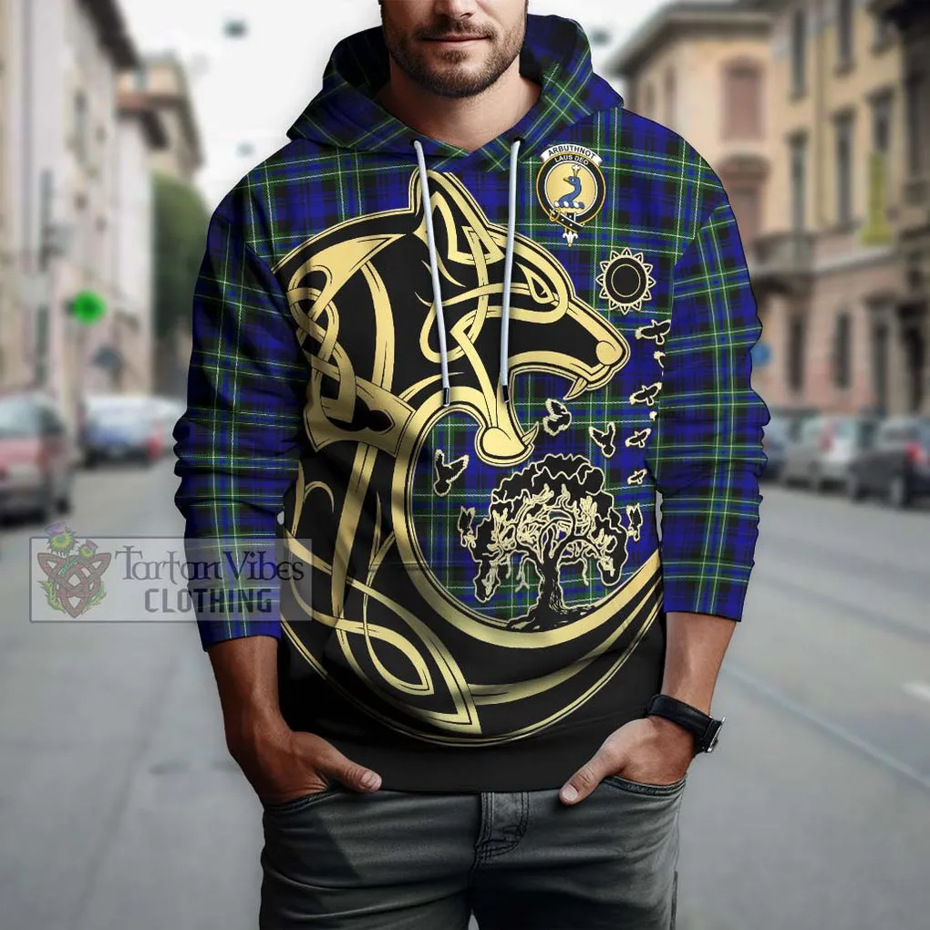 Arbuthnot Modern Tartan Hoodie with Family Crest Celtic Wolf Style