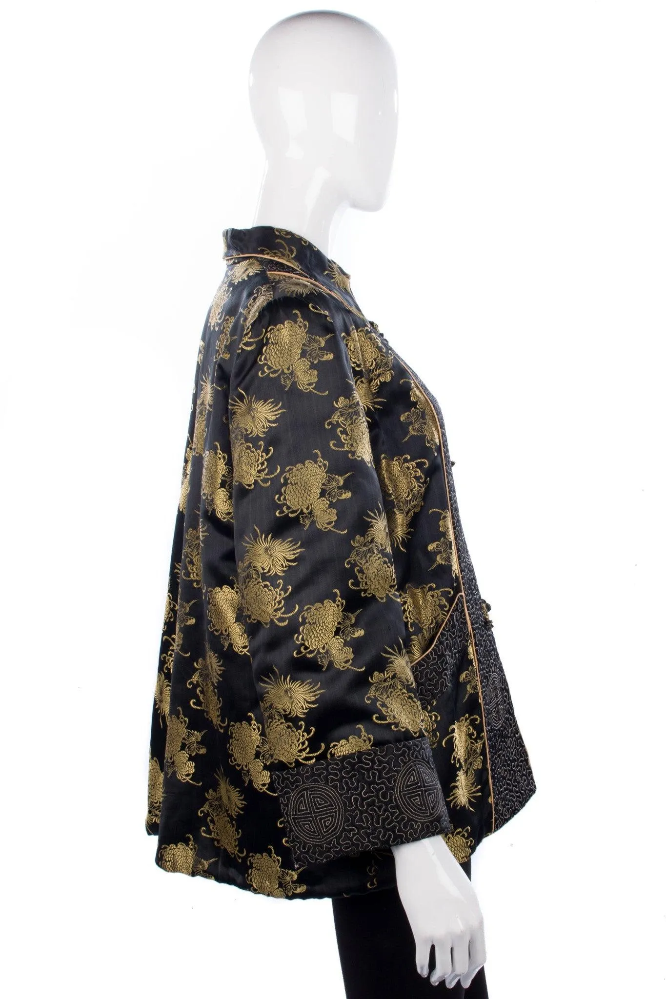 Arjan Hong Kong Padded Chinese Jacket and Bag Silk Black and Gold Size L