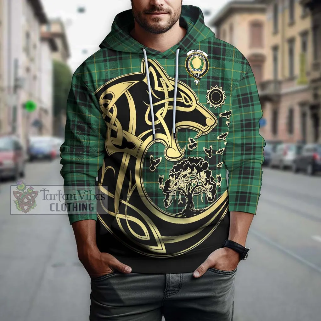 Arthur Ancient Tartan Hoodie with Family Crest Celtic Wolf Style