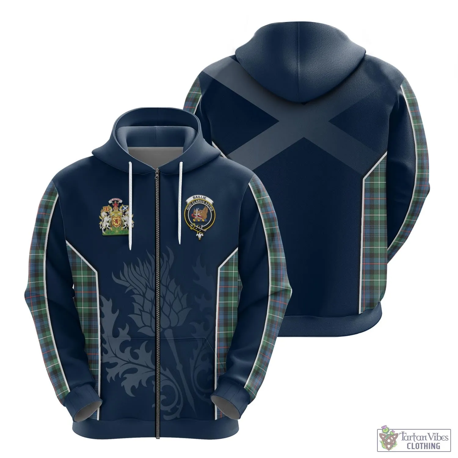 Baillie Ancient Tartan Hoodie with Family Crest and Scottish Thistle Vibes Sport Style