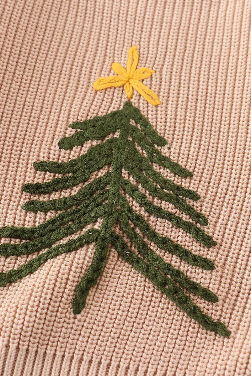 Beige christmas tree hand-embroidery pullover sweater