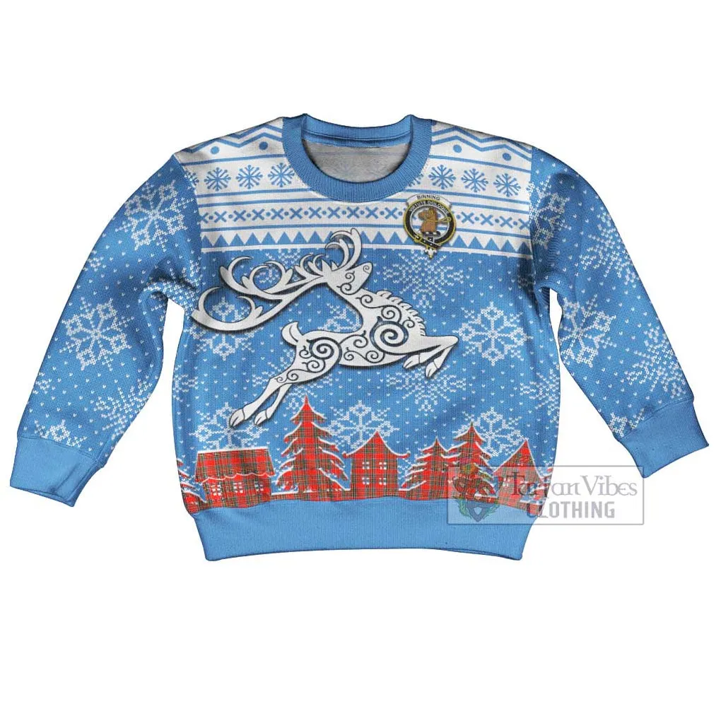 Binning Clan Christmas Kid Ugly Sweater with Tartan and Celtic Reindeer Style