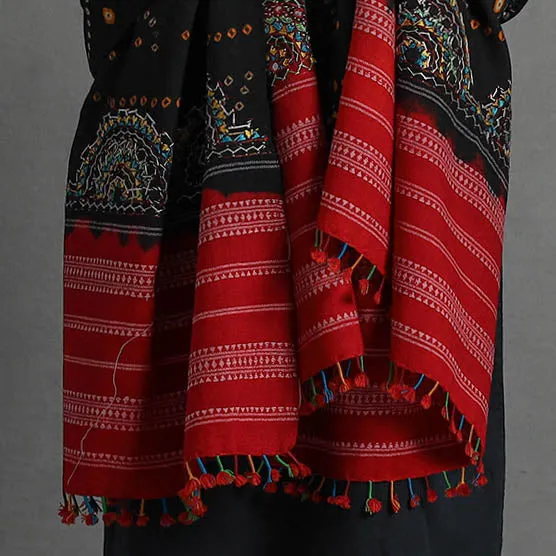 Black - Handwoven Merino Wool Bandhani Shawl w/ Neran Embroidery 29