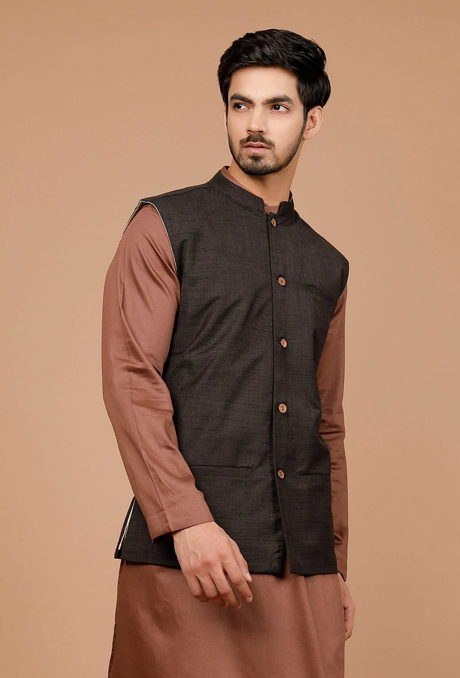 Black Matka Silk Nehru Jacket