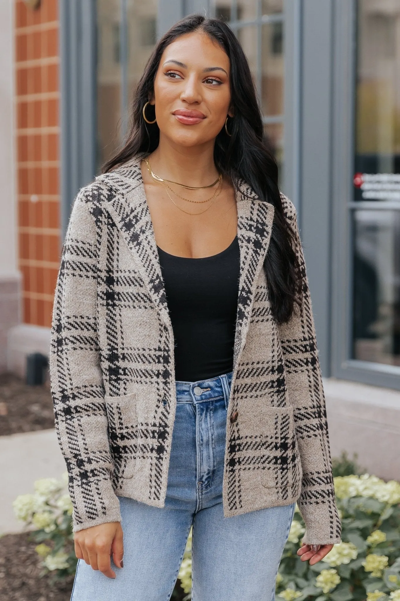 Black Plaid Button Up Sweater Jacket