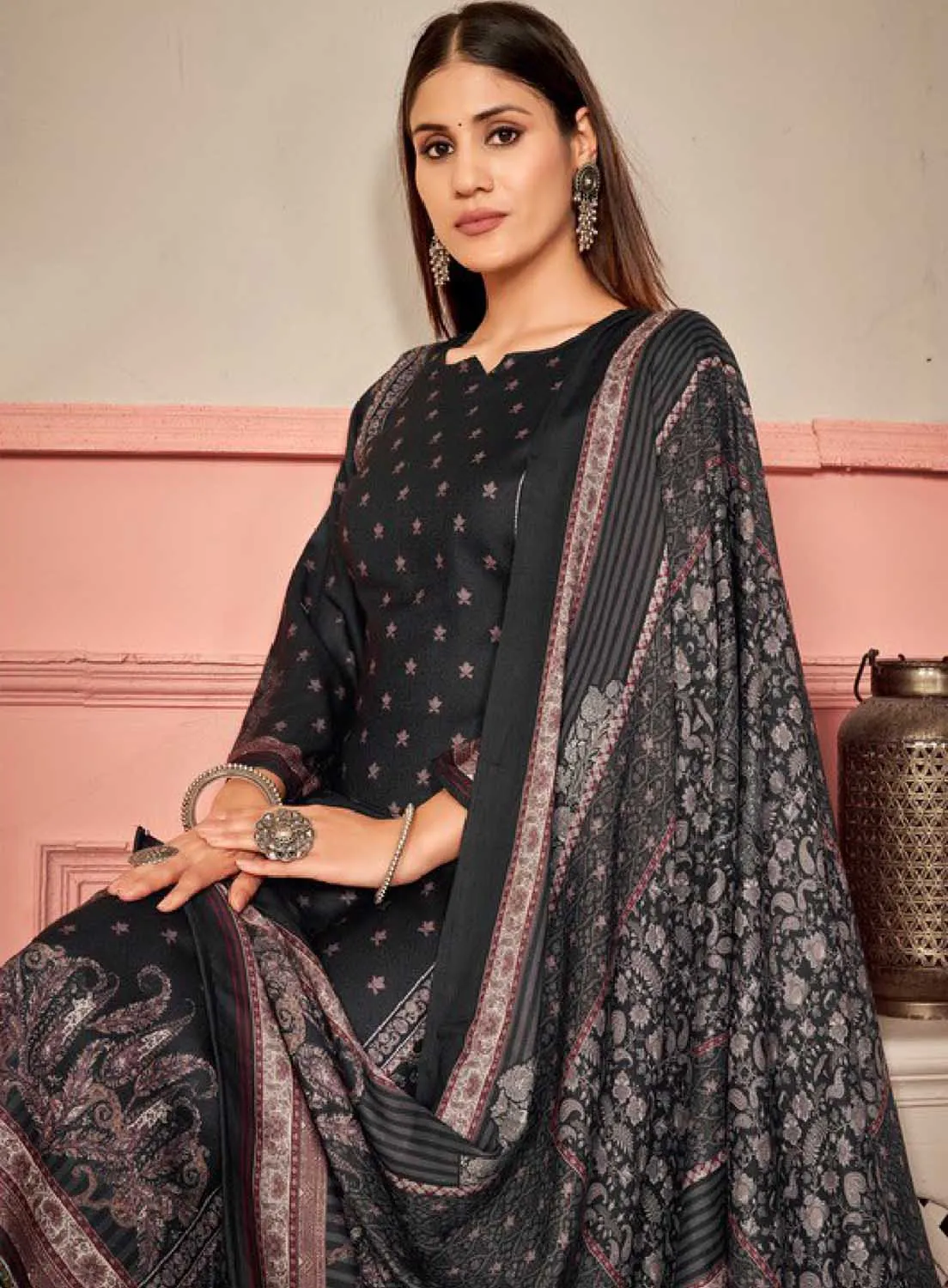 Black Unstitched Pashmina Winter Suit Dress Material for Women