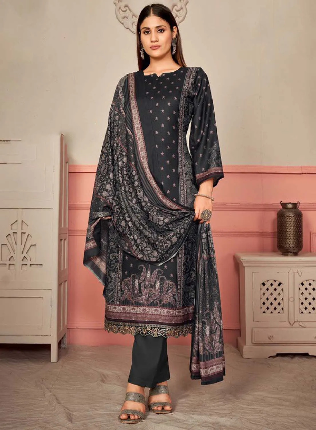 Black Unstitched Pashmina Winter Suit Dress Material for Women