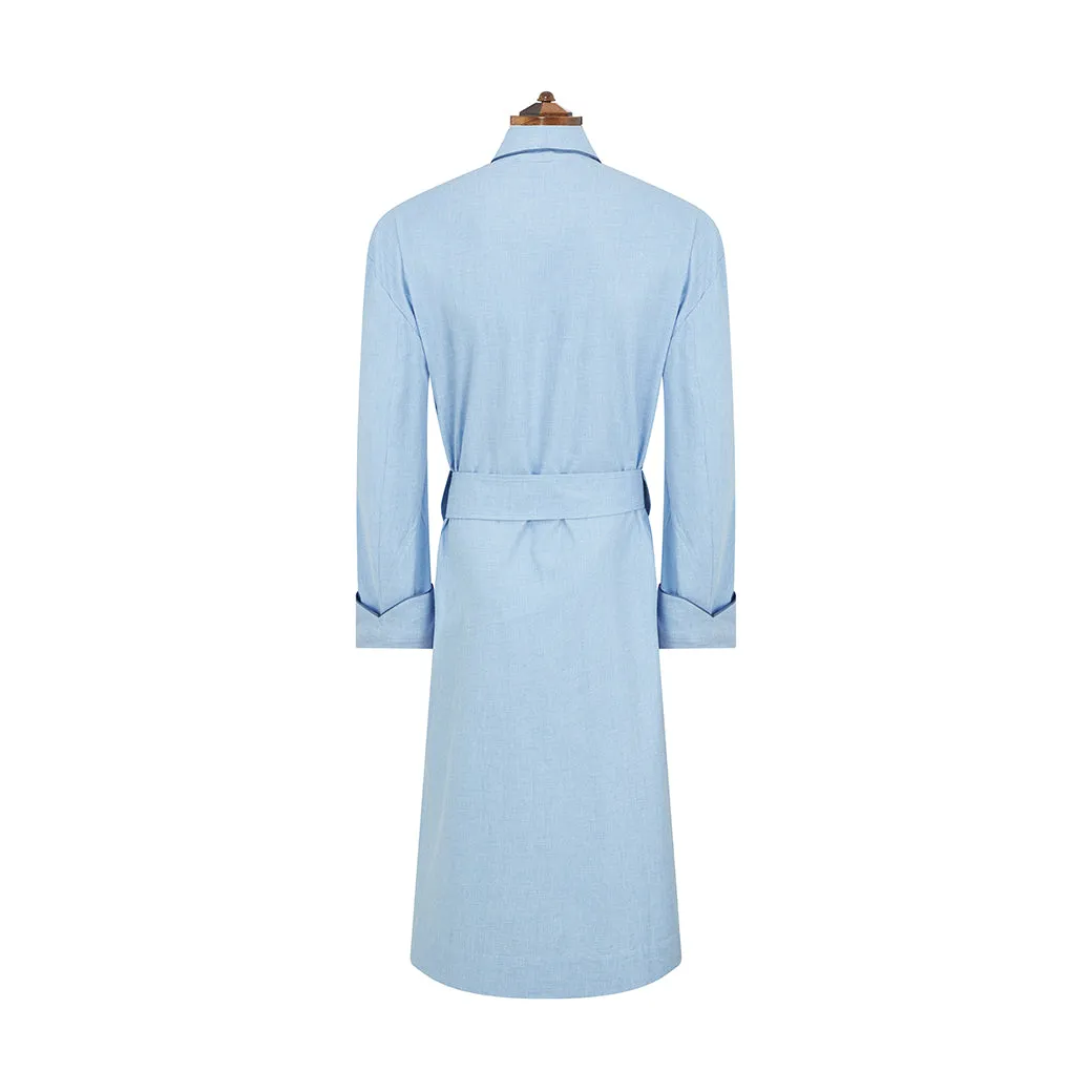 Blue Brushed Herringbone Piped Cotton Dressing Gown