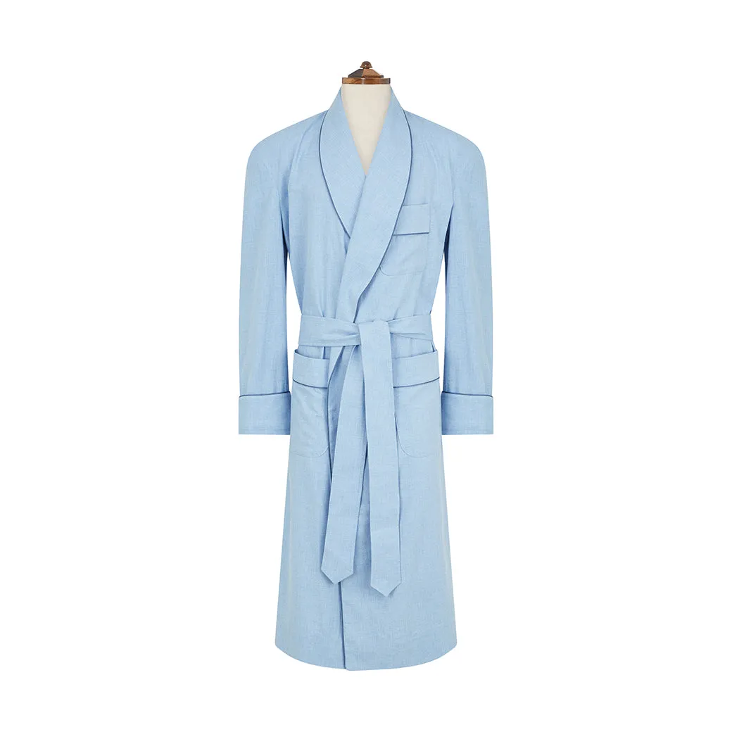 Blue Brushed Herringbone Piped Cotton Dressing Gown