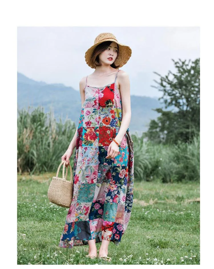 Bohemian Sling Print Stitching Long Dress