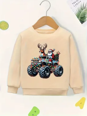 Boys' Festive Christmas Reindeer & Truck Print Sweatshirt - Cozy Long Sleeve Pullover for Fall/Winter, Machine Washable