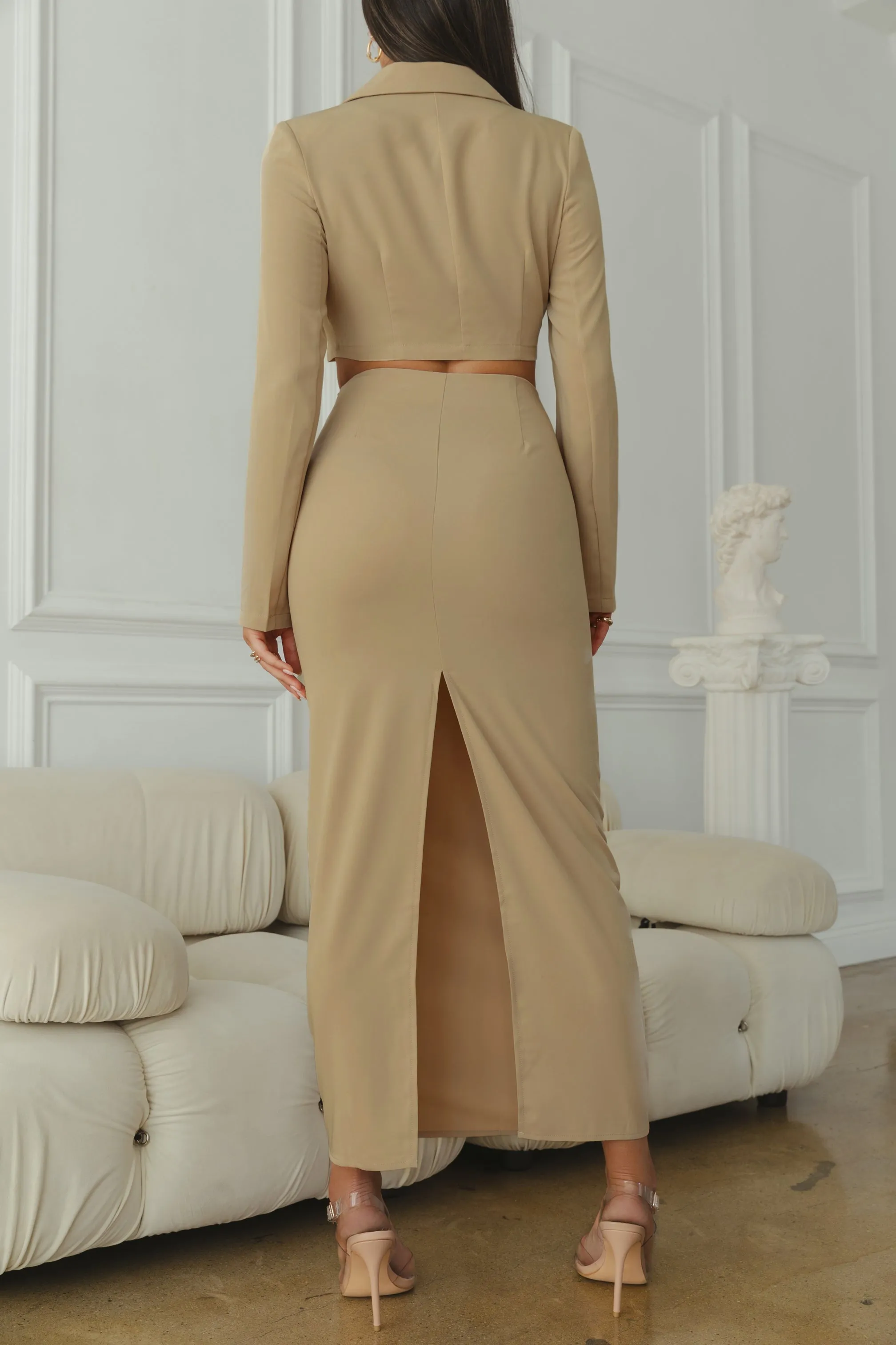 Business Talk Two Piece Blazer Skirt Set - Nude