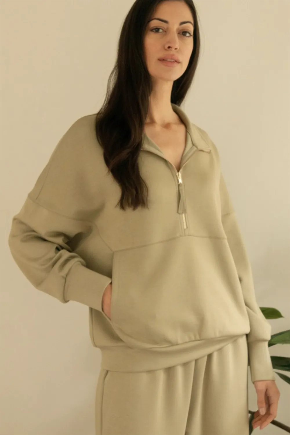 Butter Modal Zip Up Pullover - Light Olive