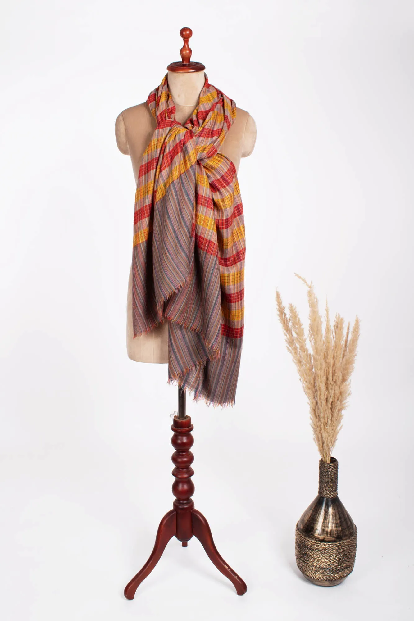 Check Stripe Cashmere Pashmina Shawl - WAHAIWA