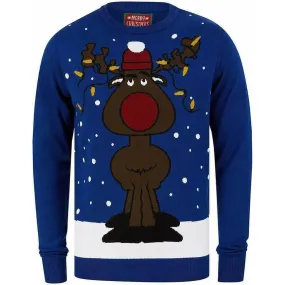 Christmas Jumbled Rudolph Motif Mens Christmas Jumper - Blue