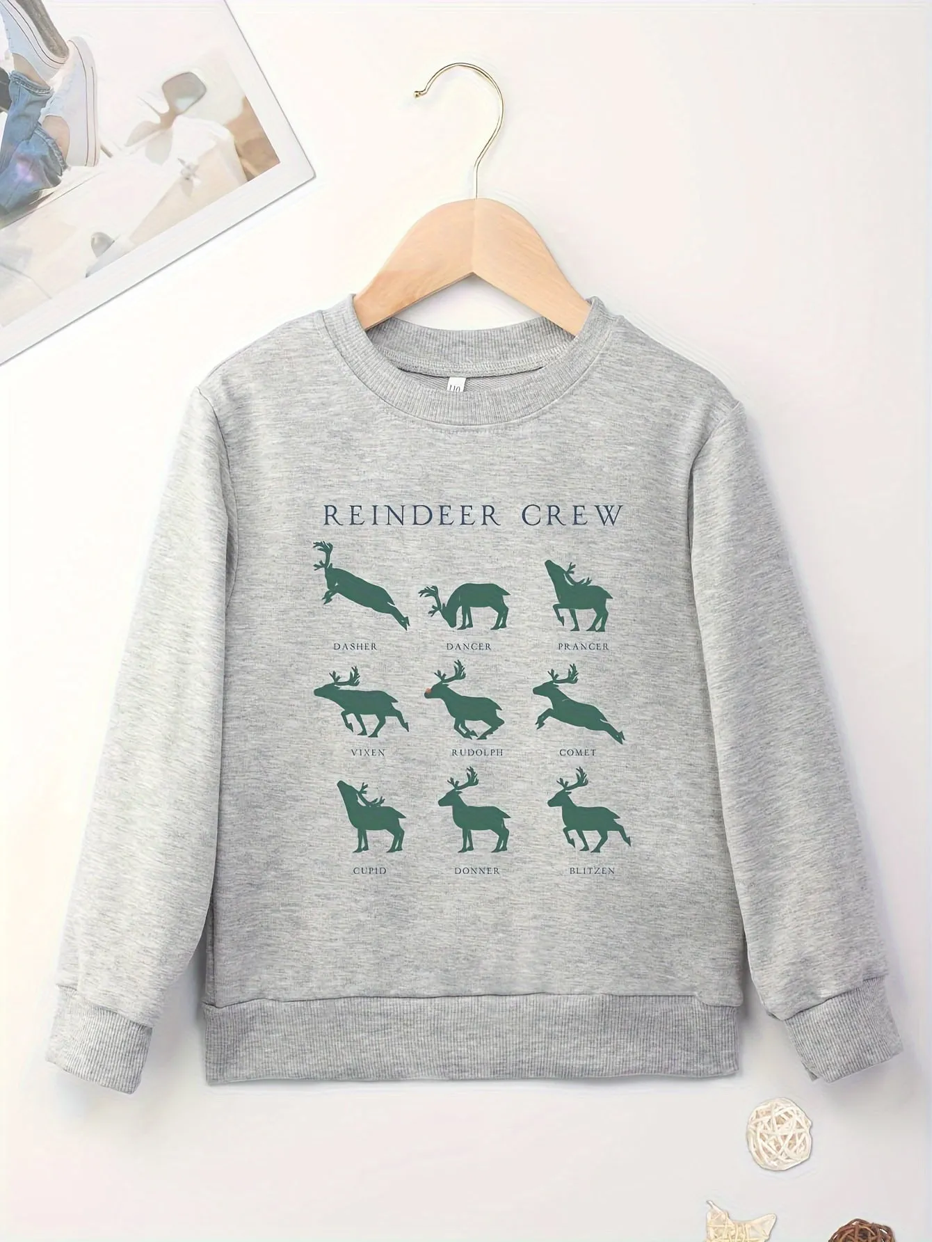 Christmas Reindeer Crew Print Boys Casual Creative Pullover Sweatshirt, Long Sleeve Crew Neck Tops, Kids Clothes Outdoor