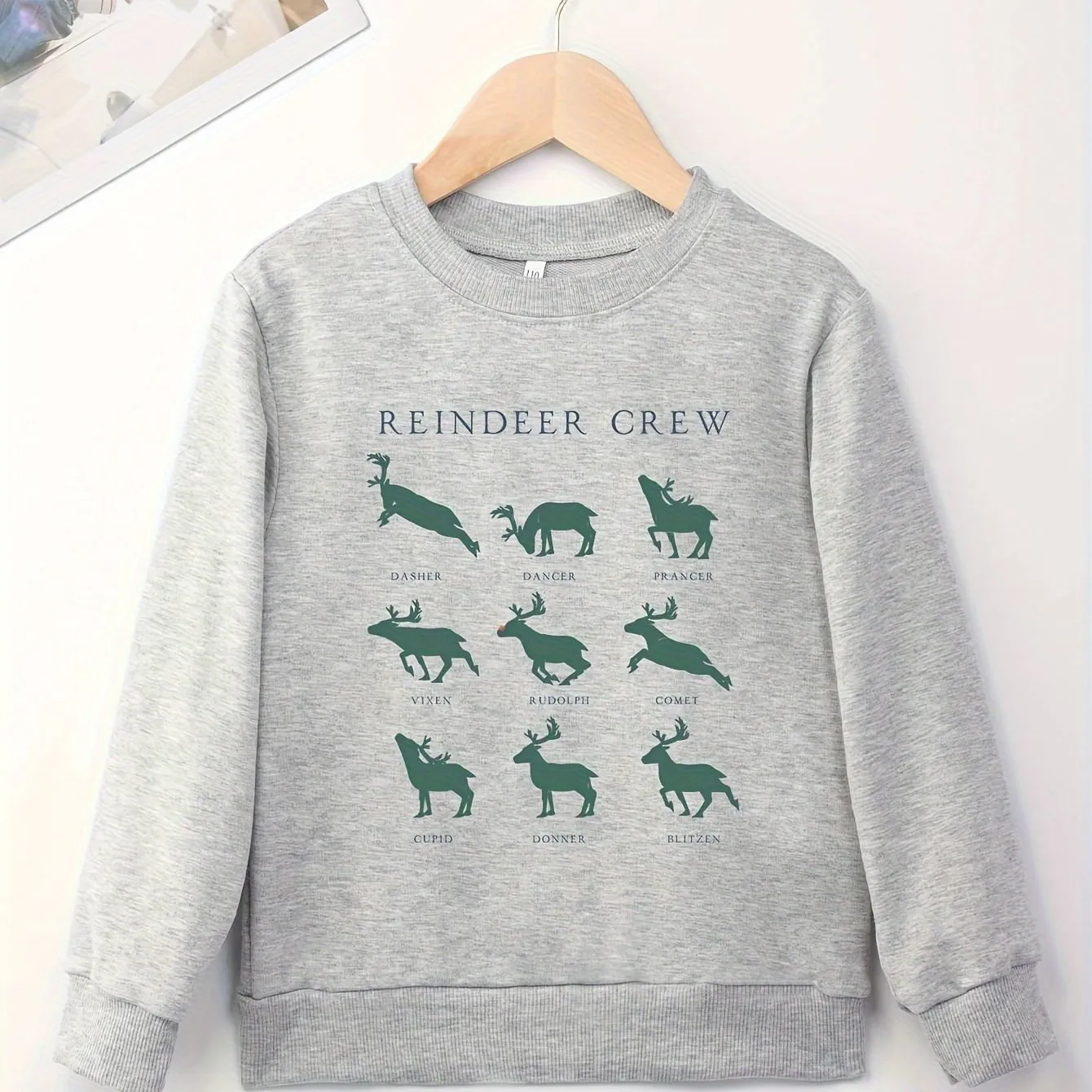 Christmas Reindeer Crew Print Boys Casual Creative Pullover Sweatshirt, Long Sleeve Crew Neck Tops, Kids Clothes Outdoor