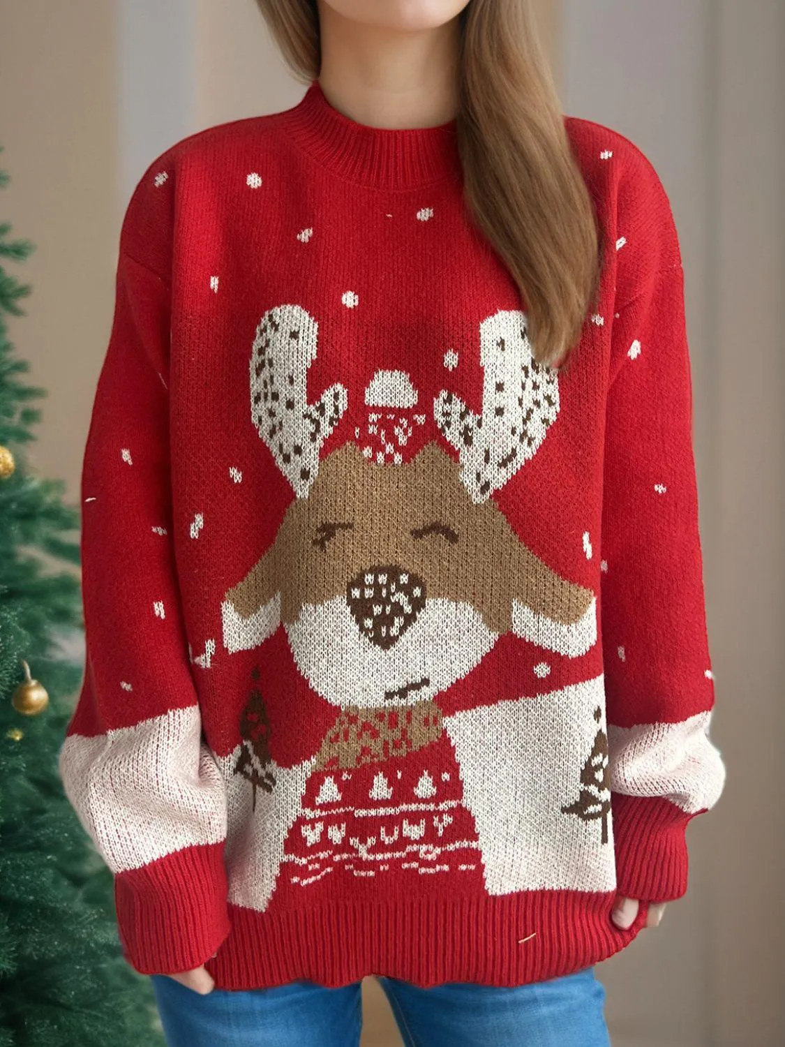 Christmas Sweater Deep Red Reindeer Mock Neck Long Sleeve Pullover